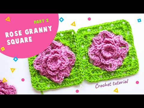 Квадратный мотив крючком с розой. Crochet tutorial.