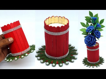 Flower Vase With Ice Cream Sticks | Beautiful Paper Flower Vase | Flower Vase With Popsicle Sticks
