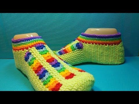 Домашние следки крючком/тапочки без швов "радуга" #673 Домашние следки крючком/тапочки без швов "радуга" #673