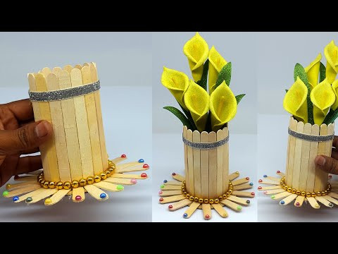 Beautiful Ice-cream Stick Flower Vase - Plastic Bottle Flower Pot Making at Home - Decorate With me Beautiful Ice-cream Stick Flower Vase - Plastic Bottle Flower Pot Making at Home - Decorate With me