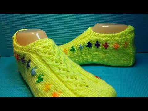 #716 цветные тапочки спицами / следки -радуга