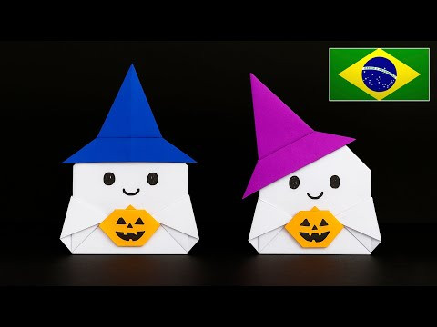Origami Fantasma com Abóbora e Chapéu de Bruxa Origami Fantasma com Abóbora e Chapéu de Bruxa