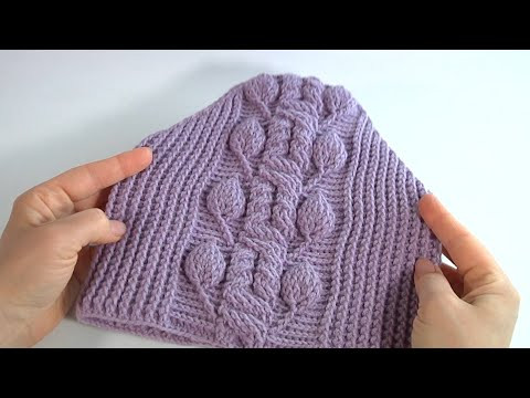 Классная Стильная Уютная и Красивая!!!/ШАПКА КРЮЧКОМ с нежным ПЛЕТЕНИЕМ и ЛИСТИКАМИ/Авторский УЗОР Классная Стильная Уютная и Красивая!!!/ШАПКА КРЮЧКОМ с нежным ПЛЕТЕНИЕМ и ЛИСТИКАМИ/Авторский УЗОР
