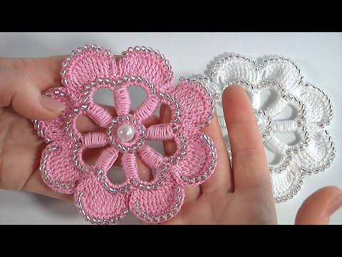 Милое и Нежное вязание крючком/Красивый ЦВЕТОК с бисером/Блок-столбики/Вязание с бисером Милое и Нежное вязание крючком/Красивый ЦВЕТОК с бисером/Блок-столбики/Вязание с бисером