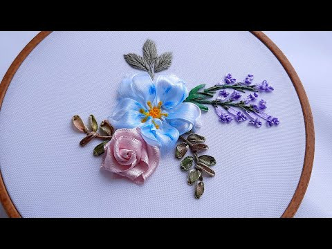 Rose & blue flower with Lavender Ribbon Embroidery Rose & blue flower with Lavender Ribbon Embroidery