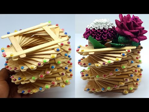 Beautiful Flower Vase Making With Ice Cream Stick - Amazing Popsicle Stick Flower Pot - DIY Decor Beautiful Flower Vase Making With Ice Cream Stick - Amazing Popsicle Stick Flower Pot - DIY Decor