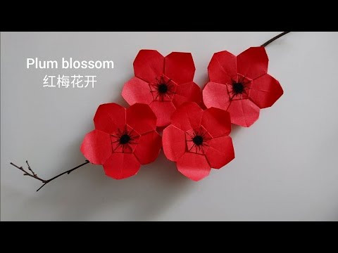 Origami Red Plum Blossom/ Paper Poppy/ 5-petal flower (V4) 折纸红梅花开