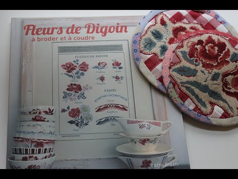 Вышивка крестом Fleurs de Digoin на кухонных прихватках. Аппликация. Crazy patchwork.