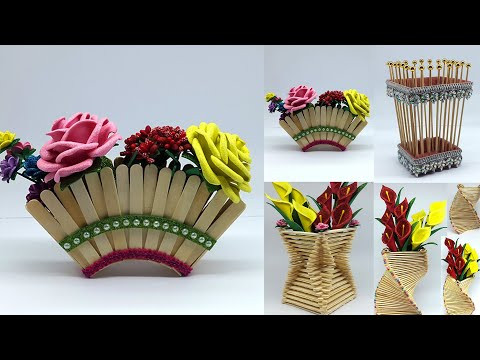 4 Types of Flower Vase - Beautiful Flower Vase Making at Home - DIY Ice Cream Stick Crafts 4 Types of Flower Vase - Beautiful Flower Vase Making at Home - DIY Ice Cream Stick Crafts