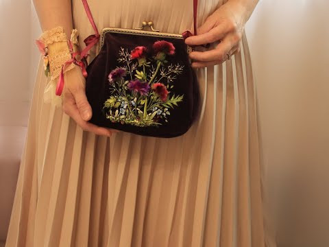 Сумочка чертополох / burgundy velvet Handbag with thistle ribbon embroidery design OOAK