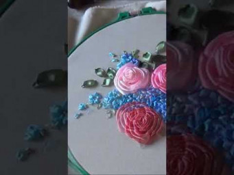 Вышивка лентами Розы и незабудки #вышивкалентамироза #embroideryribbons