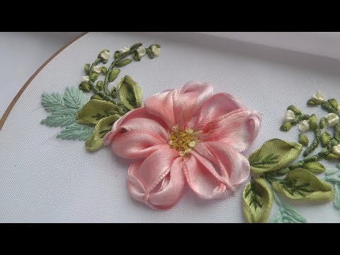 Ribbon Embroidery Pink Flower Easy stitches Ribbon Embroidery Pink Flower Easy stitches